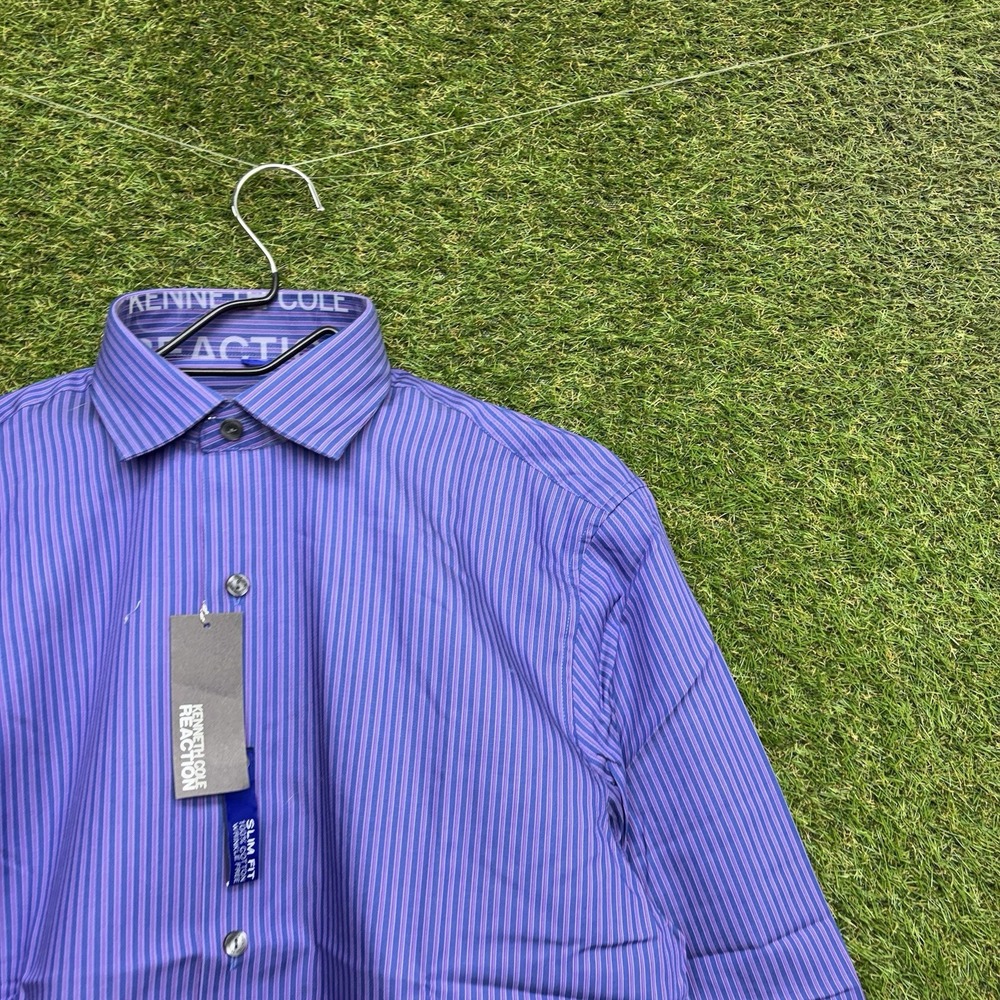 Kenneth Cole Reaction Dress Shirt Mens 15.5 32x33 Striped Slim Fit Blue NWT